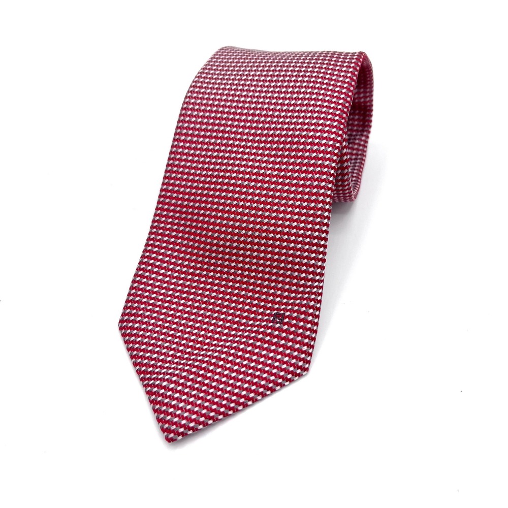 Fendi Mens Silk Tie Red White Micro Pattern Geometric Made in Italy Zucca Logo